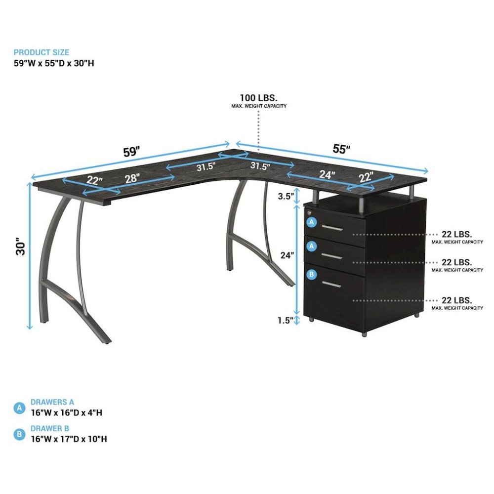 Brown L Shaped Desk With 3 Drawers, Steel Frame Corner Computer Desk