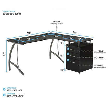 Brown L Shaped Desk With 3 Drawers, Steel Frame Corner Computer Desk