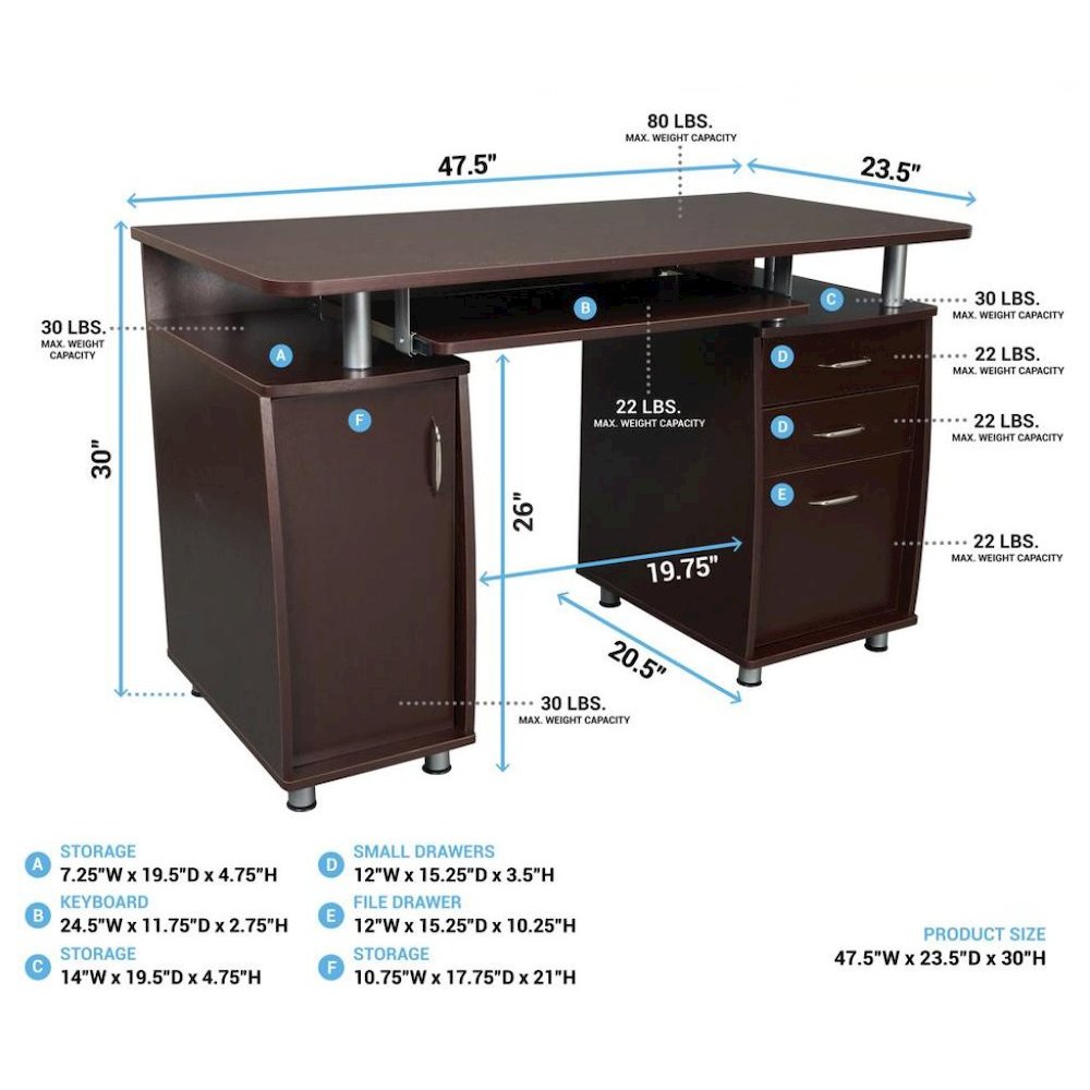 Brown Home Office Desk with Storage 2 Drawers, Keyboard Shelf, 2 Cabinets