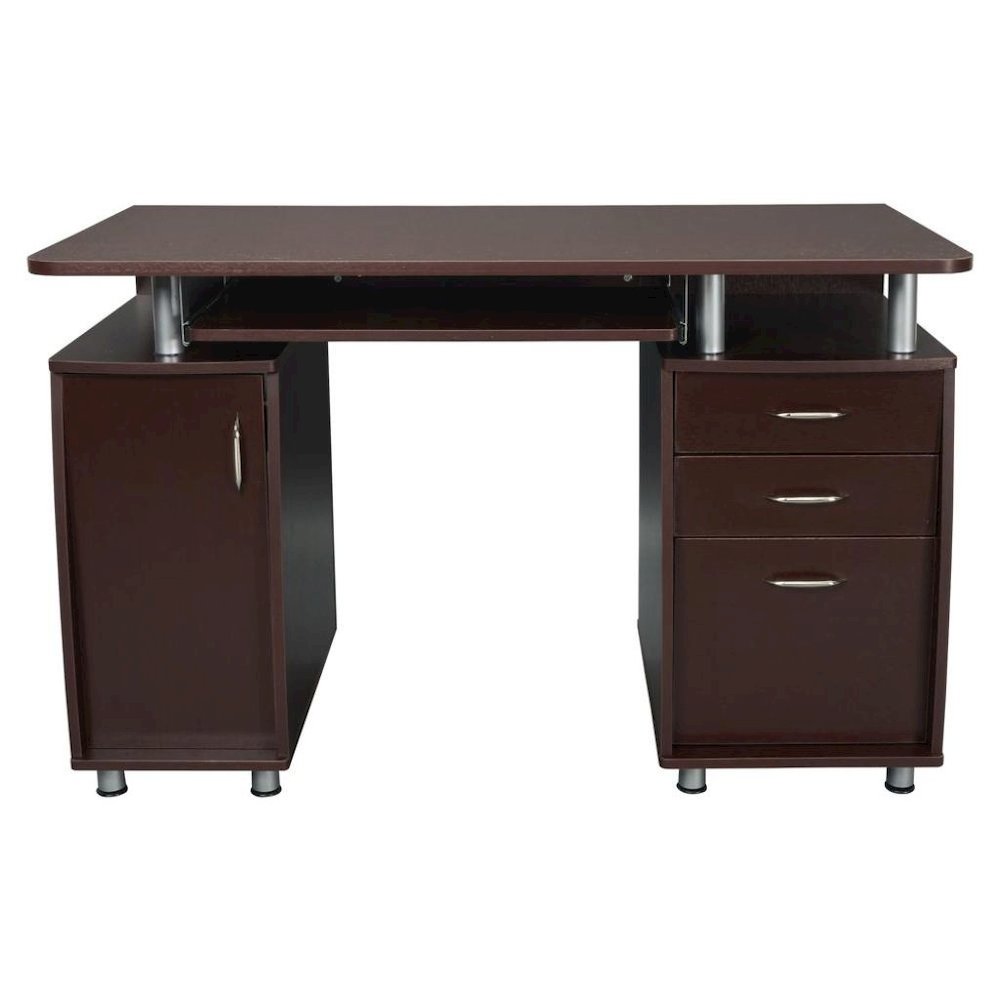Brown Home Office Desk with Storage 2 Drawers, Keyboard Shelf, 2 Cabinets
