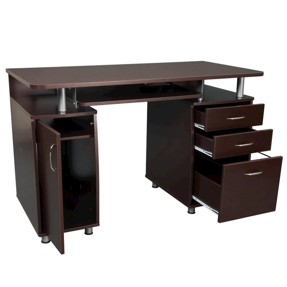 Brown Home Office Desk with Storage 2 Drawers, Keyboard Shelf, 2 Cabinets