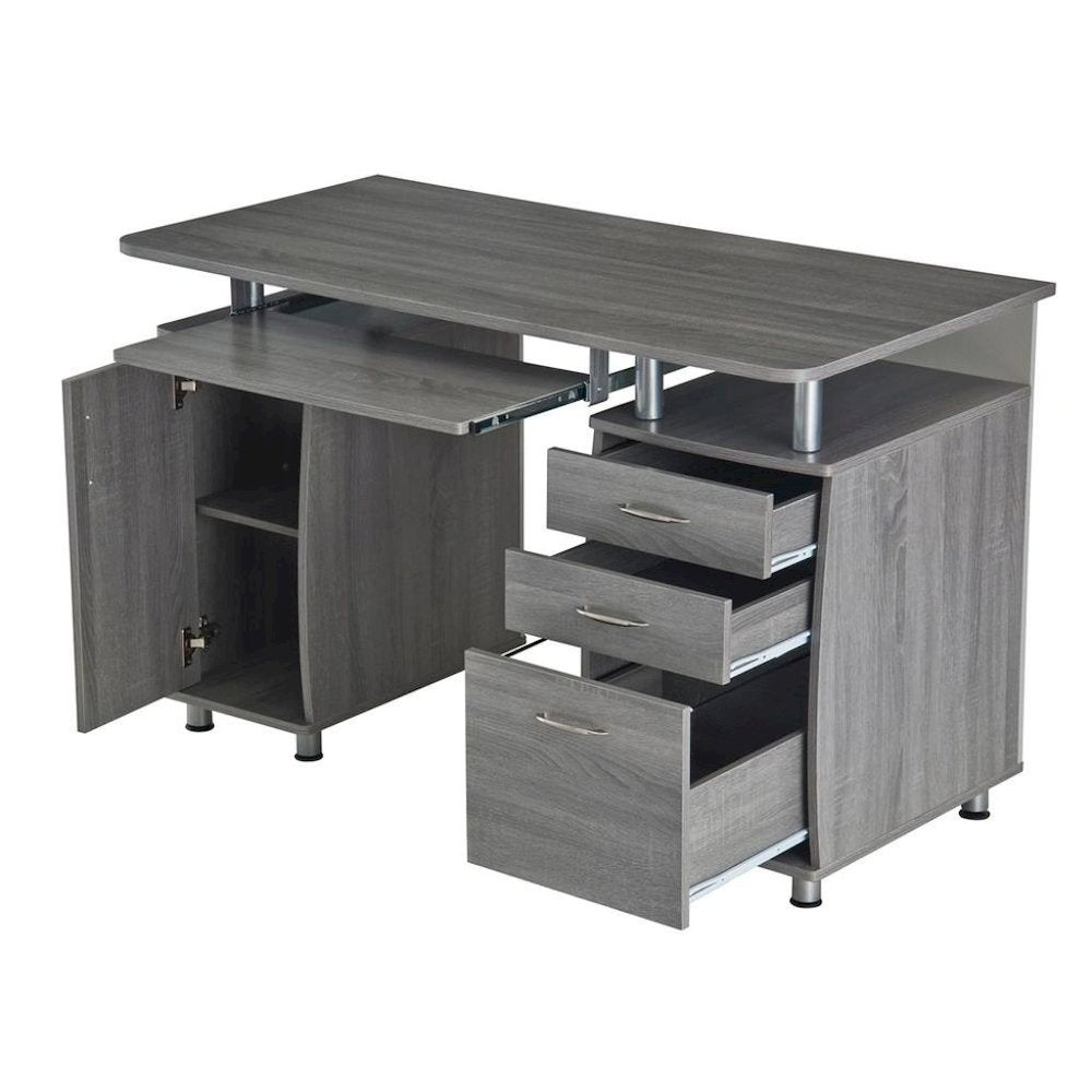 Gray Home Office Desk with Storage 2 Drawers, Keyboard Shelf, 2 Cabinets