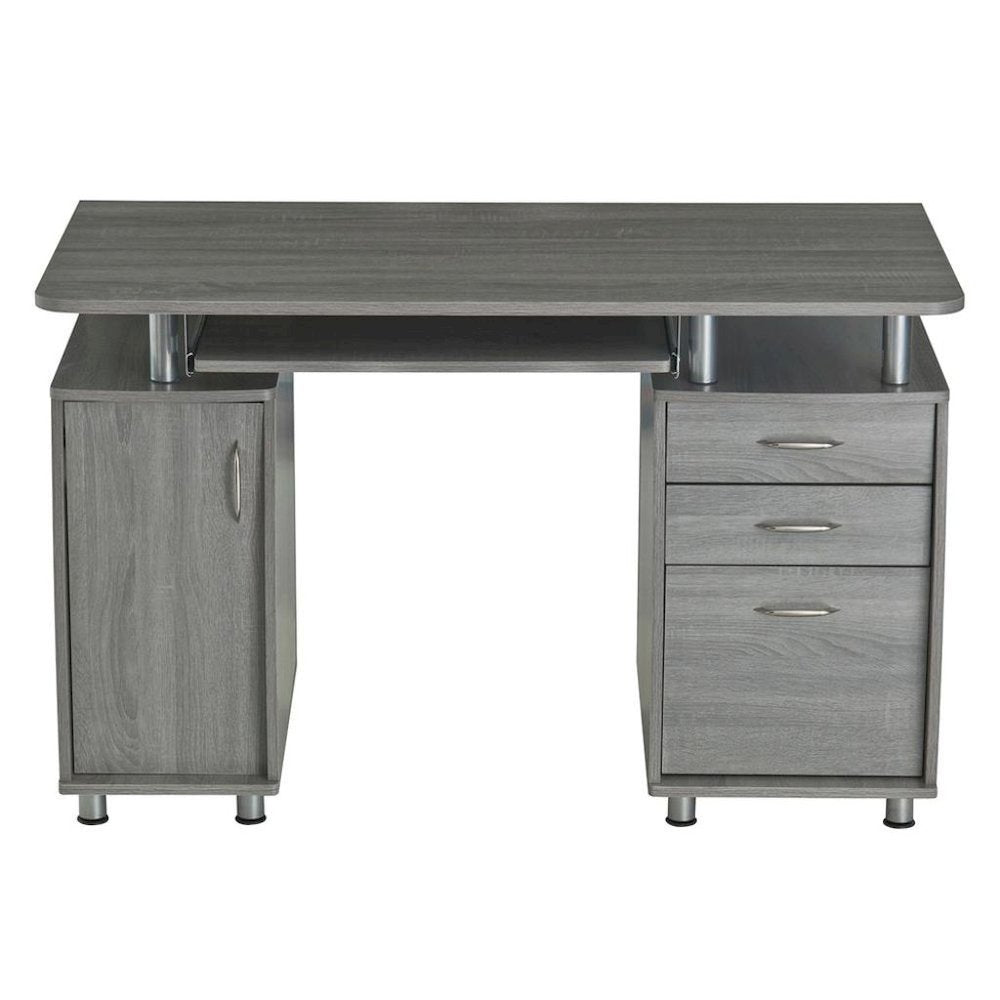 Gray Home Office Desk with Storage 2 Drawers, Keyboard Shelf, 2 Cabinets