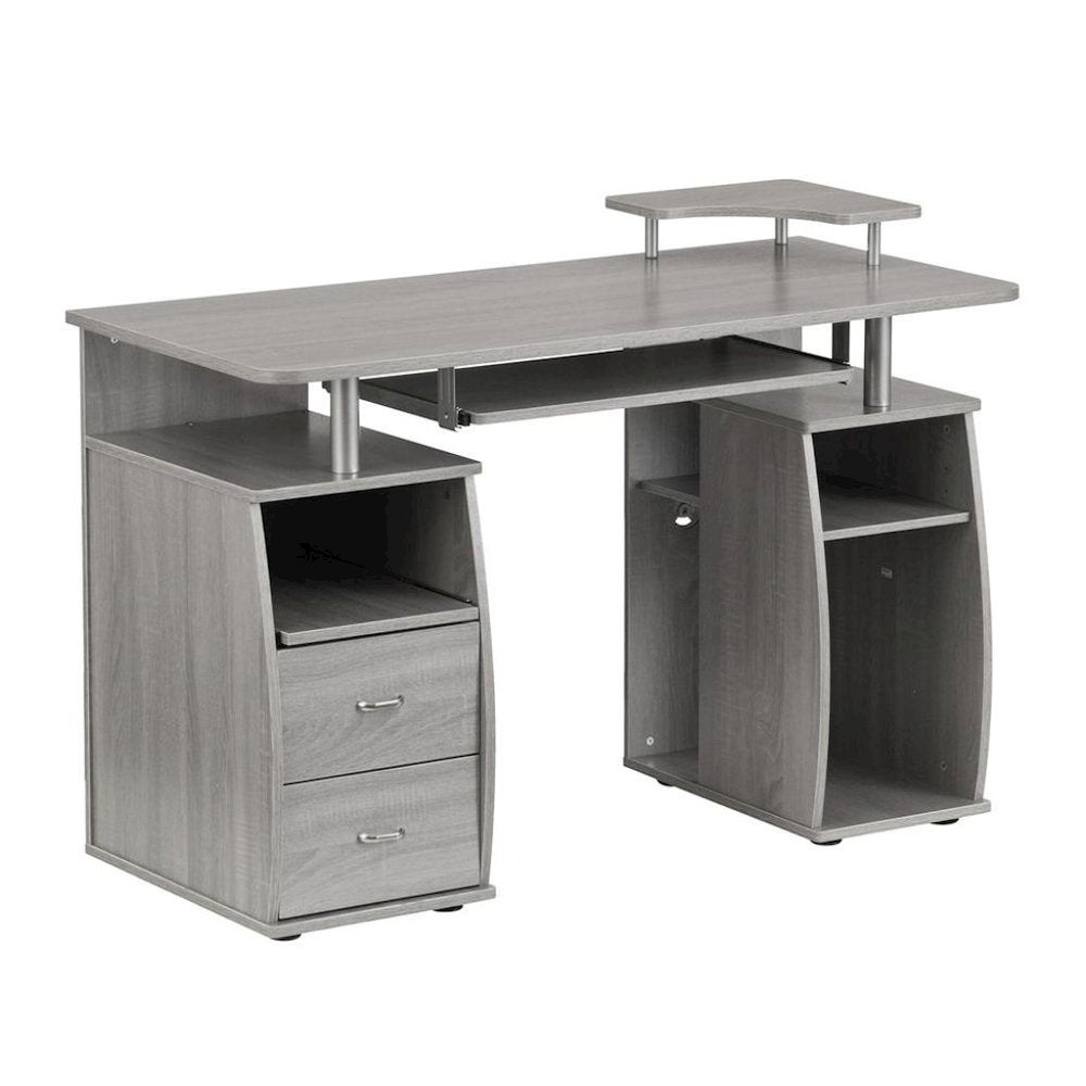 Gray Office Desk with Storage, Writing Wood Desk with 2 Drawers, Shelves