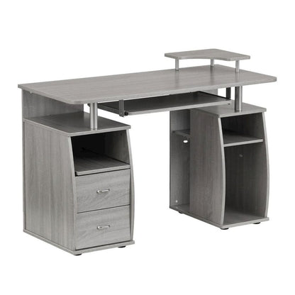 Gray Office Desk with Storage, Writing Wood Desk with 2 Drawers, Shelves