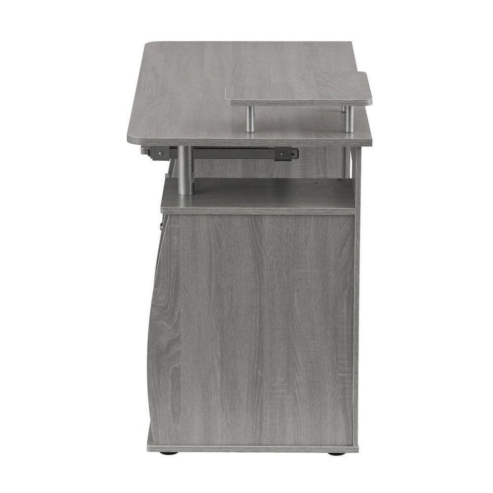 Gray Office Desk with Storage, Writing Wood Desk with 2 Drawers, Shelves