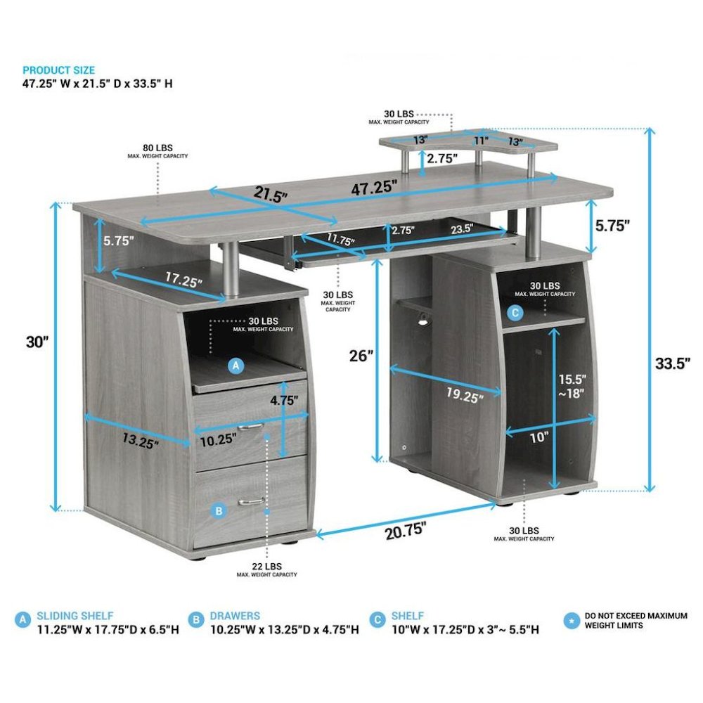 Gray Office Desk with Storage, Writing Wood Desk with 2 Drawers, Shelves