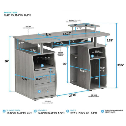 Gray Office Desk with Storage, Writing Wood Desk with 2 Drawers, Shelves