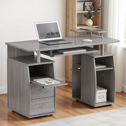 Gray Office Desk with Storage, Writing Wood Desk with 2 Drawers, Shelves