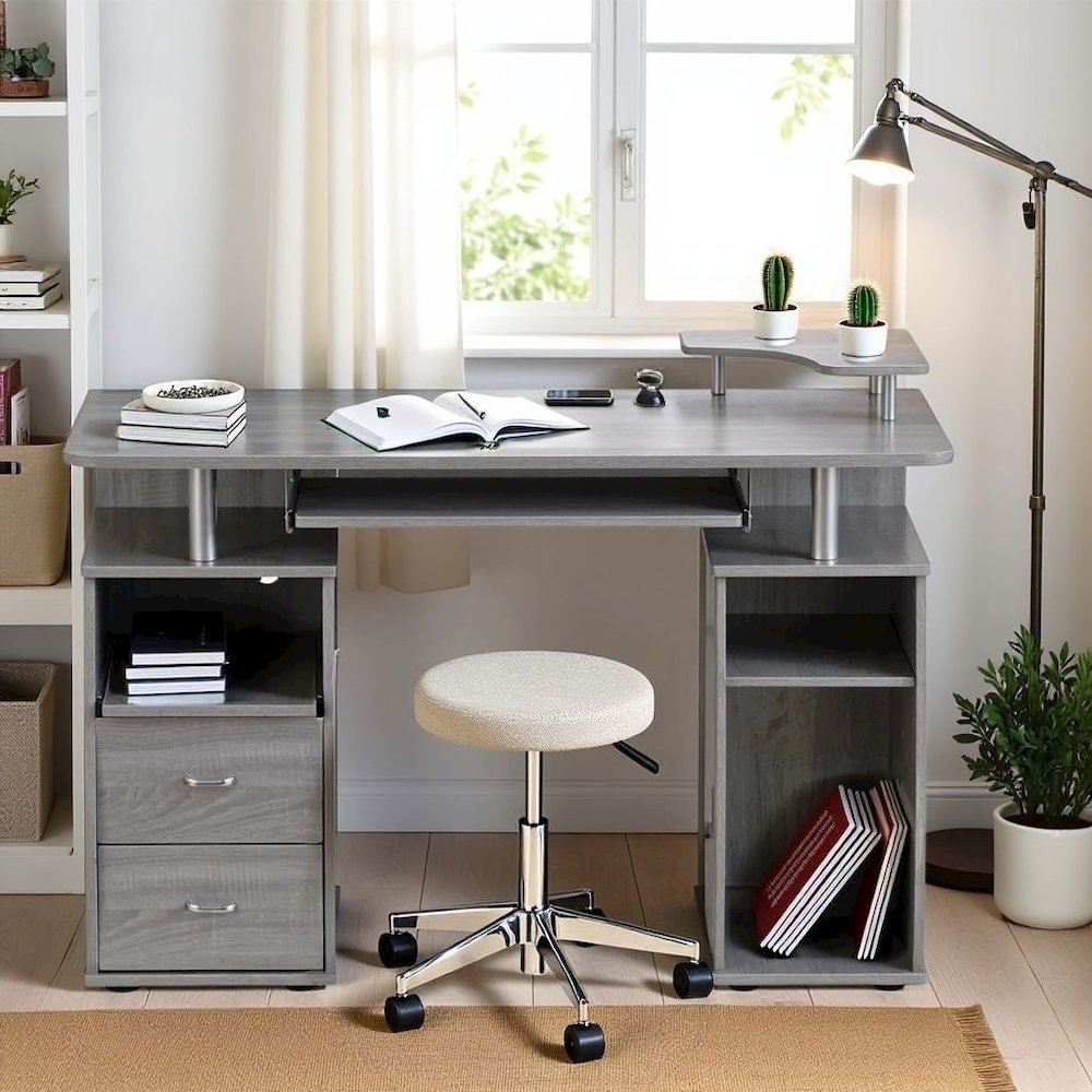Gray Office Desk with Storage, Writing Wood Desk with 2 Drawers, Shelves