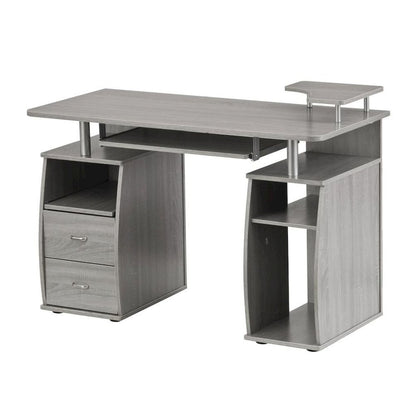 Gray Office Desk with Storage, Writing Wood Desk with 2 Drawers, Shelves