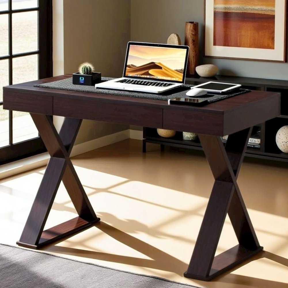 Espresso Brown Desk With Drawer, Modern Wood Table For Home Office Use