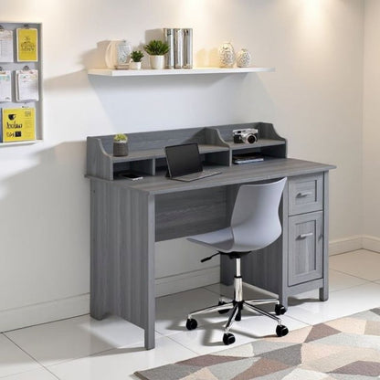 Wood Desk with Drawer, Door and 6 Shelves, Gray Office Writing Desk with Storage