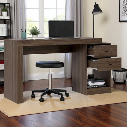Brown Desk with Storage, Office Desk with 2 Drawers, 1 Shelf, Expandable Top