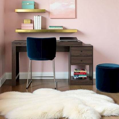 Brown Desk with Storage, Office Desk with 2 Drawers, 1 Shelf, Expandable Top