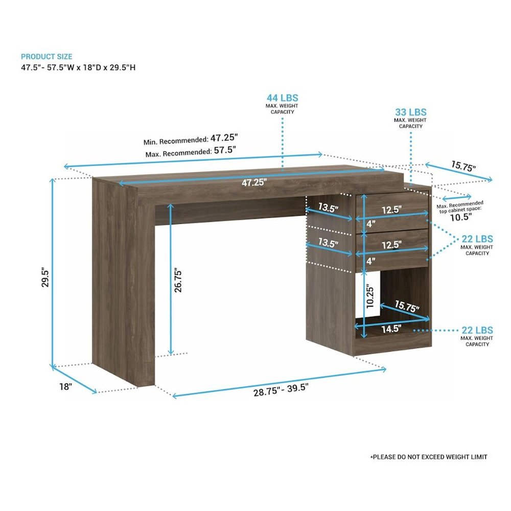Brown Desk with Storage, Office Desk with 2 Drawers, 1 Shelf, Expandable Top