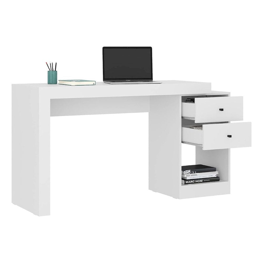 White Desk with Storage, Office Desk with 2 Drawers, 1 Shelf, Expandable Top