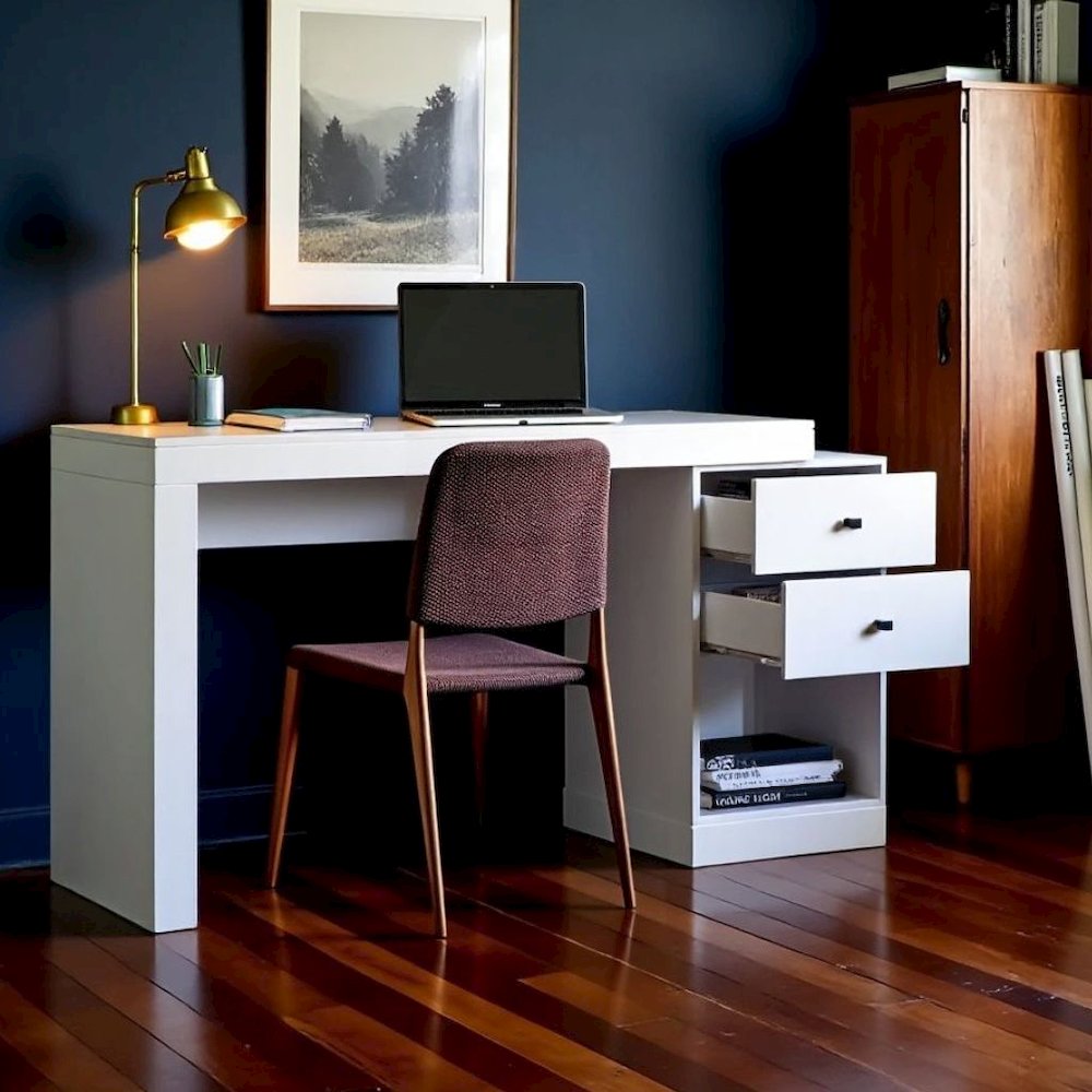 White Desk with Storage, Office Desk with 2 Drawers, 1 Shelf, Expandable Top