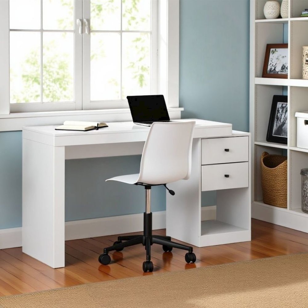White Desk with Storage, Office Desk with 2 Drawers, 1 Shelf, Expandable Top