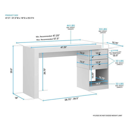 White Desk with Storage, Office Desk with 2 Drawers, 1 Shelf, Expandable Top
