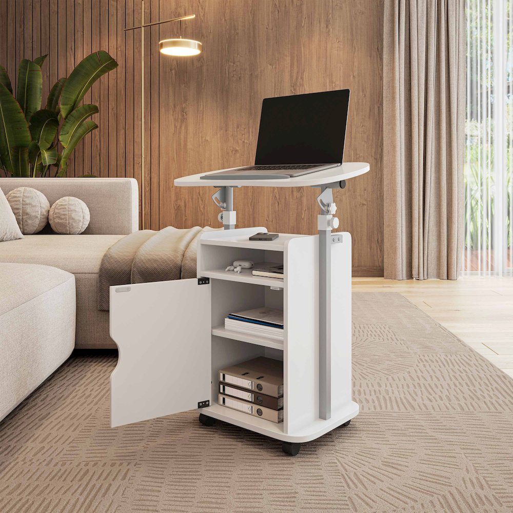 Sit-to-Stand Rolling Adjustable Laptop Cart With Storage, White