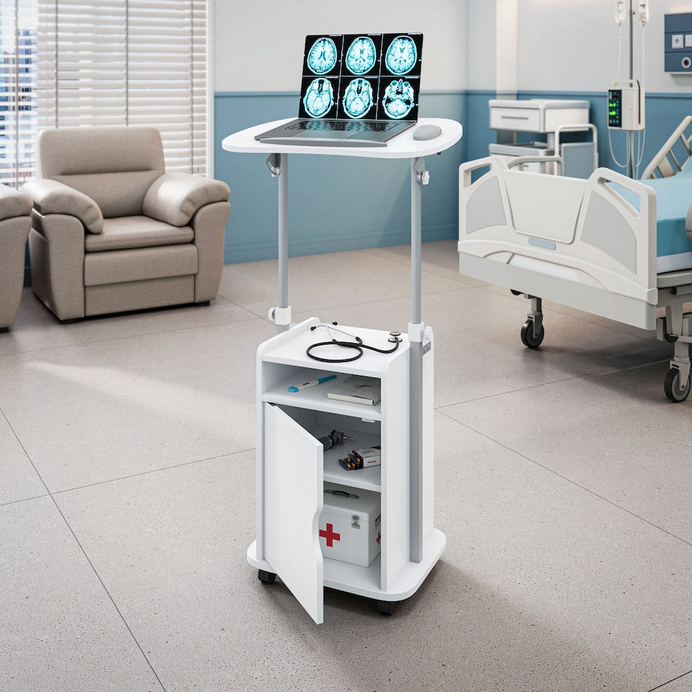 Sit-to-Stand Rolling Adjustable Laptop Cart With Storage, White