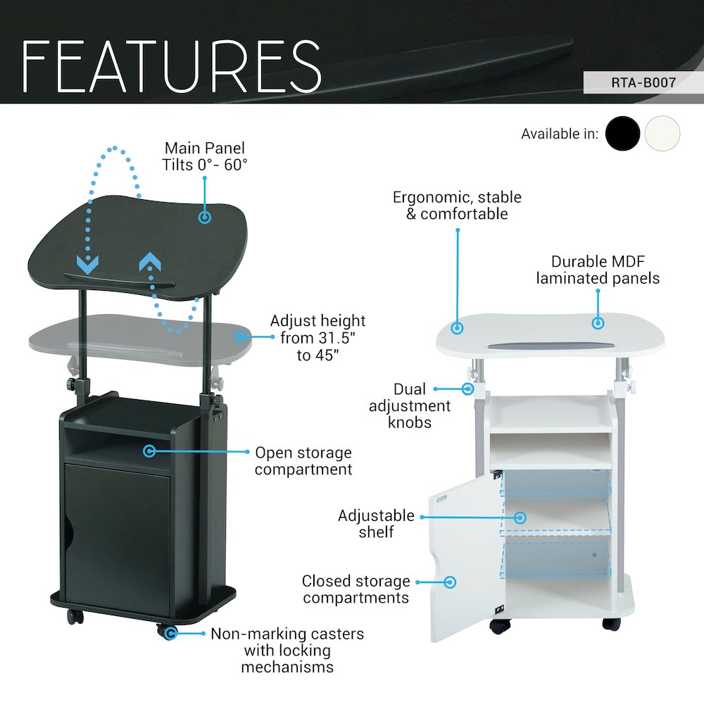Sit-to-Stand Rolling Adjustable Laptop Cart With Storage, White