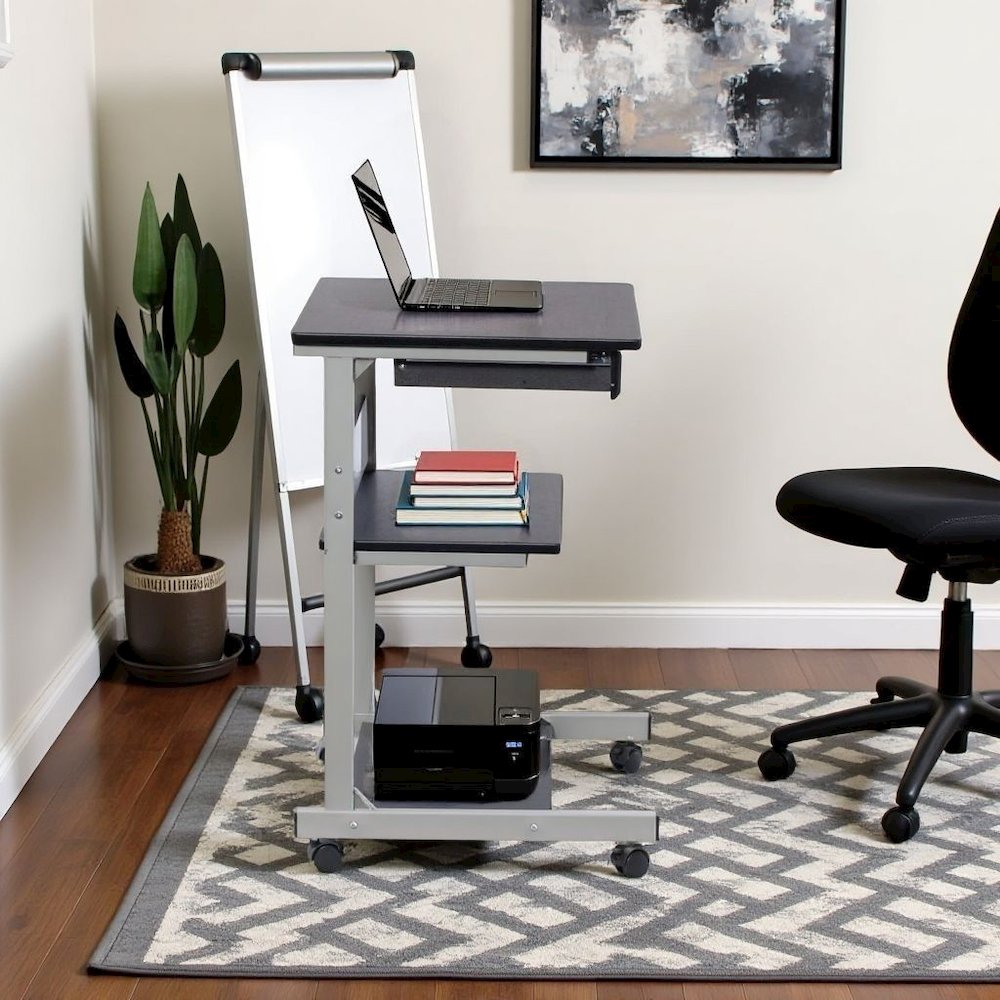 Gray Computer Cart With Storage Drawer, Dual Shelves And Metal Frame