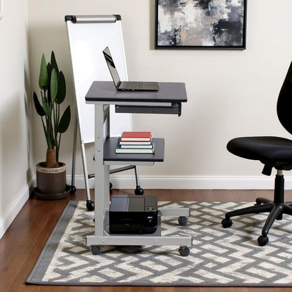 Gray Computer Cart With Storage Drawer, Dual Shelves And Metal Frame