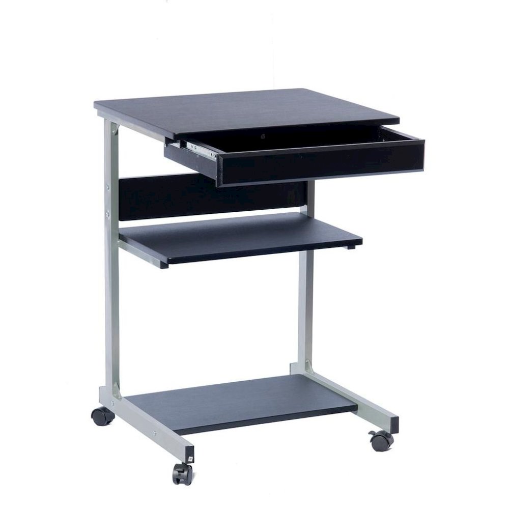 Gray Computer Cart With Storage Drawer, Dual Shelves And Metal Frame