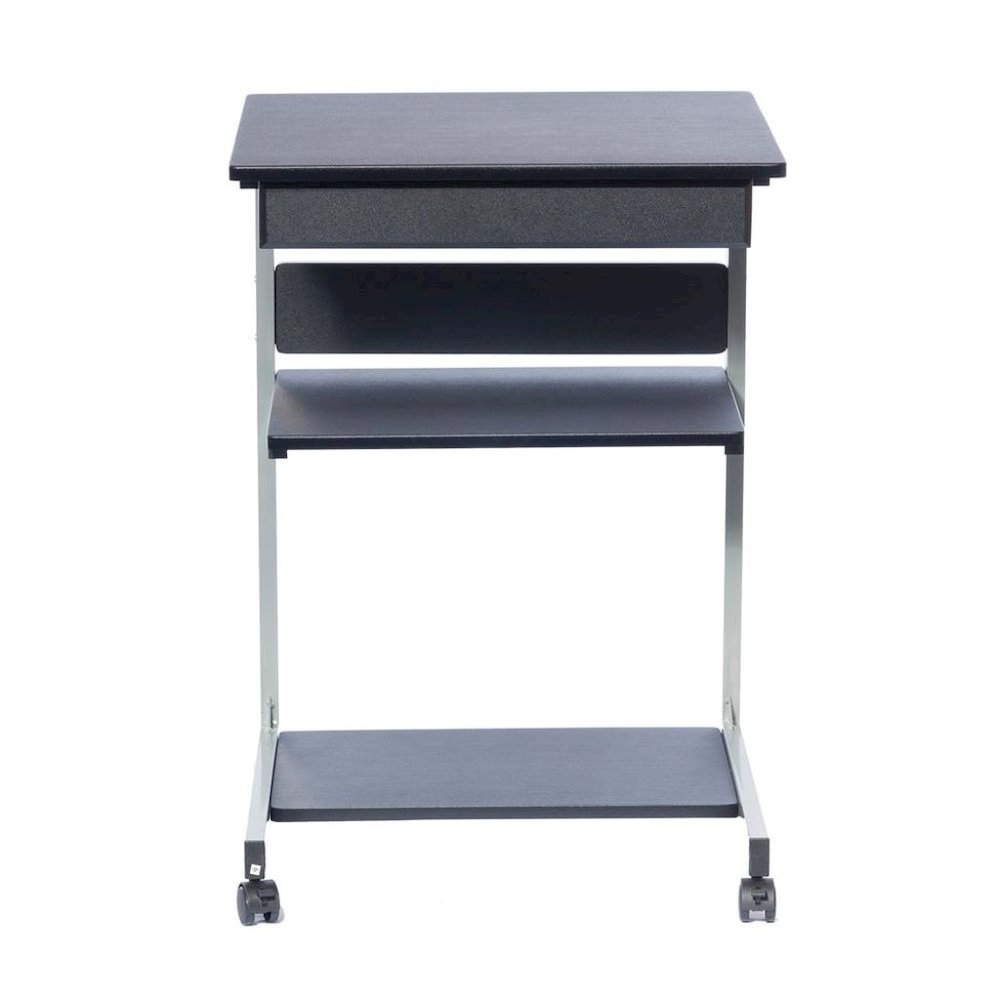 Gray Computer Cart With Storage Drawer, Dual Shelves And Metal Frame