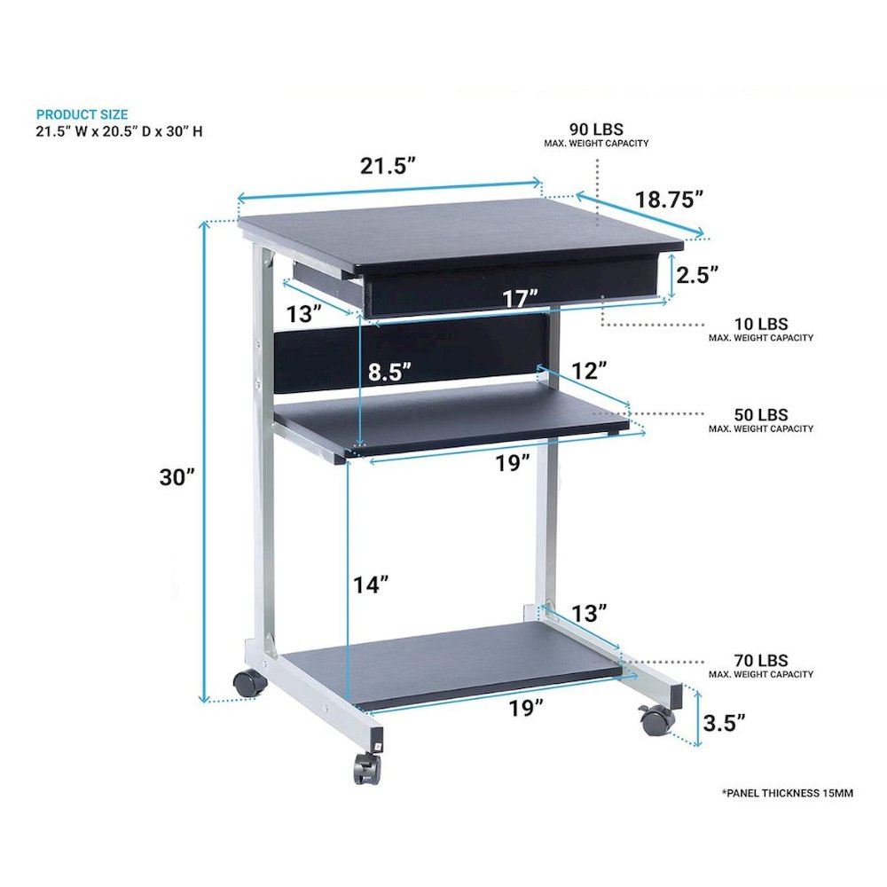 Gray Computer Cart With Storage Drawer, Dual Shelves And Metal Frame