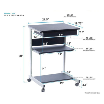 Gray Computer Cart With Storage Drawer, Dual Shelves And Metal Frame