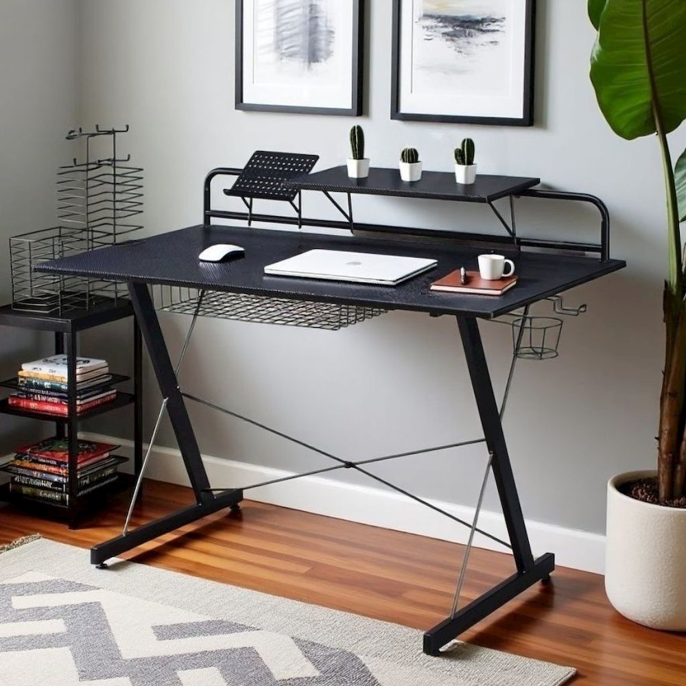 Black Gaming Table With Storage Tray, CD Rack, Cup Holder, For Game Room Use