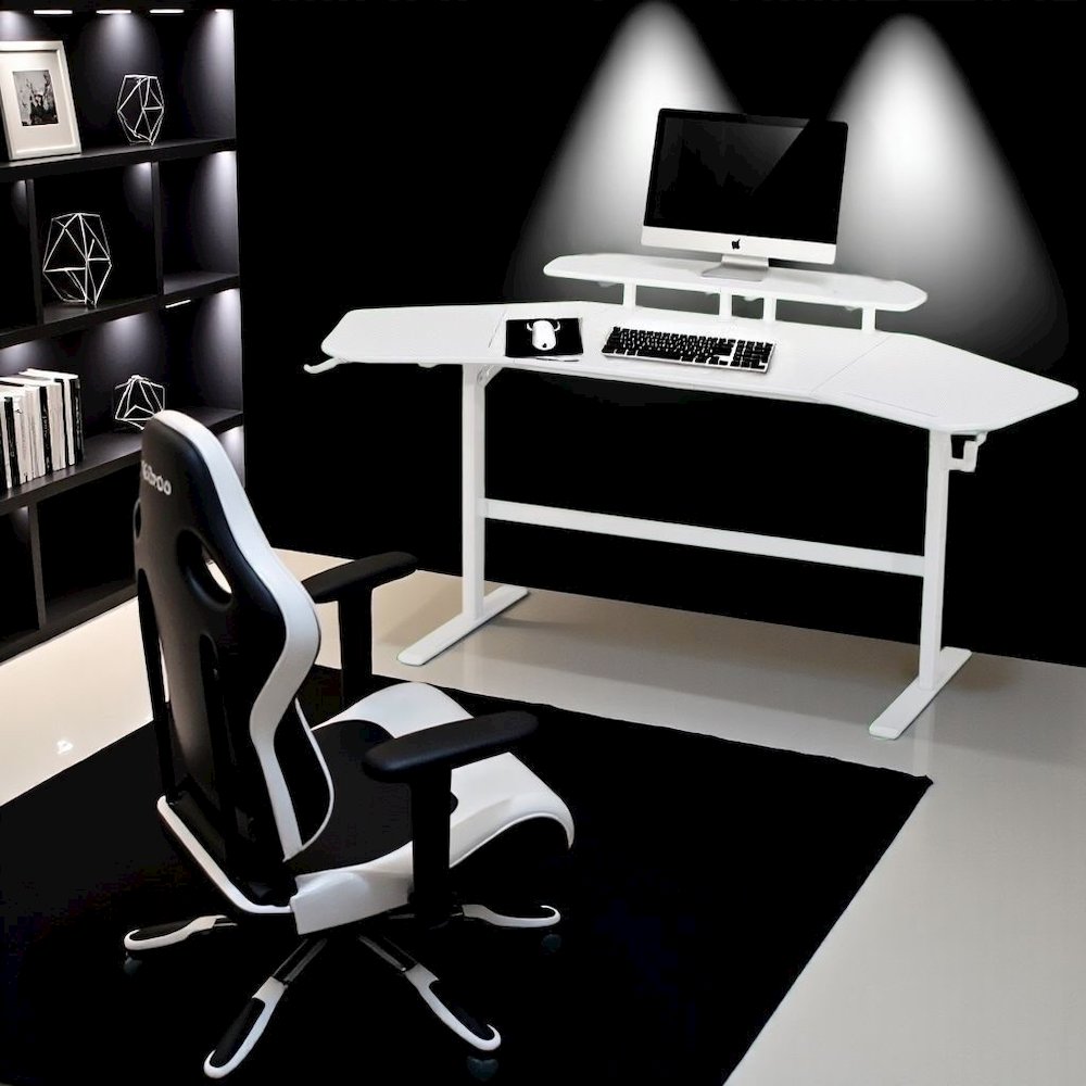 White Gaming Desk with Wheels, Adjustable PC Desk Table for Gamers