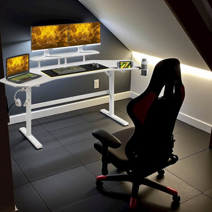 White Gaming Desk with Wheels, Adjustable PC Desk Table for Gamers