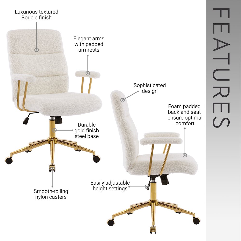 Textured Boucle Fabric White and Gold Office Chair