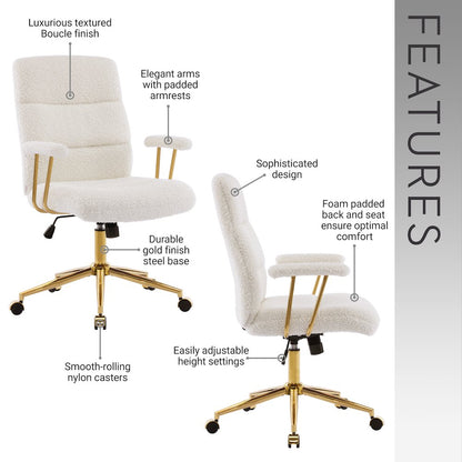 Textured Boucle Fabric White and Gold Office Chair