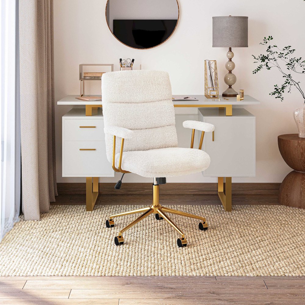 Textured Boucle Fabric White and Gold Office Chair