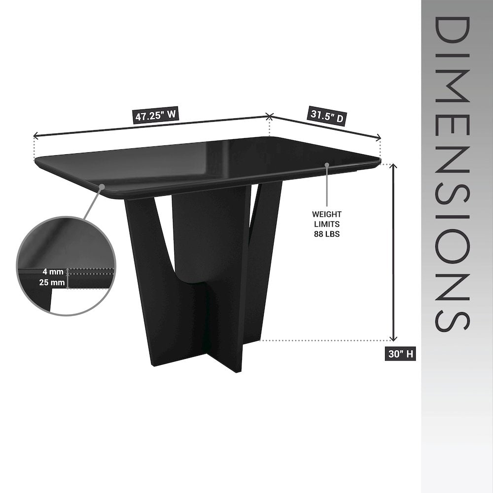 4 Seater Italian Dining Table with Painted Glass Top and Wooden Base, Black