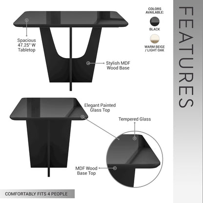4 Seater Italian Dining Table with Painted Glass Top and Wooden Base, Black