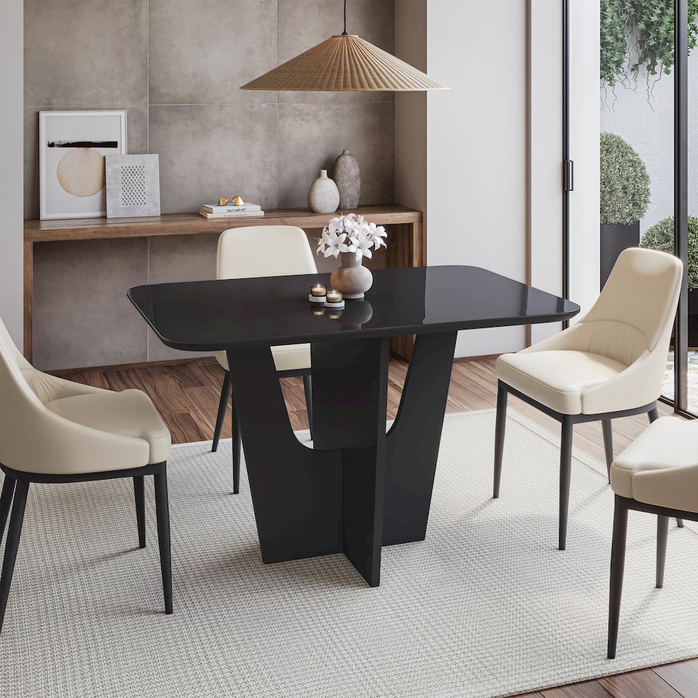 4 Seater Italian Dining Table with Painted Glass Top and Wooden Base, Black