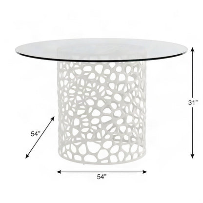 Metal Round Dining Table with Tempered Glass Top and Cast Aluminum Base, White