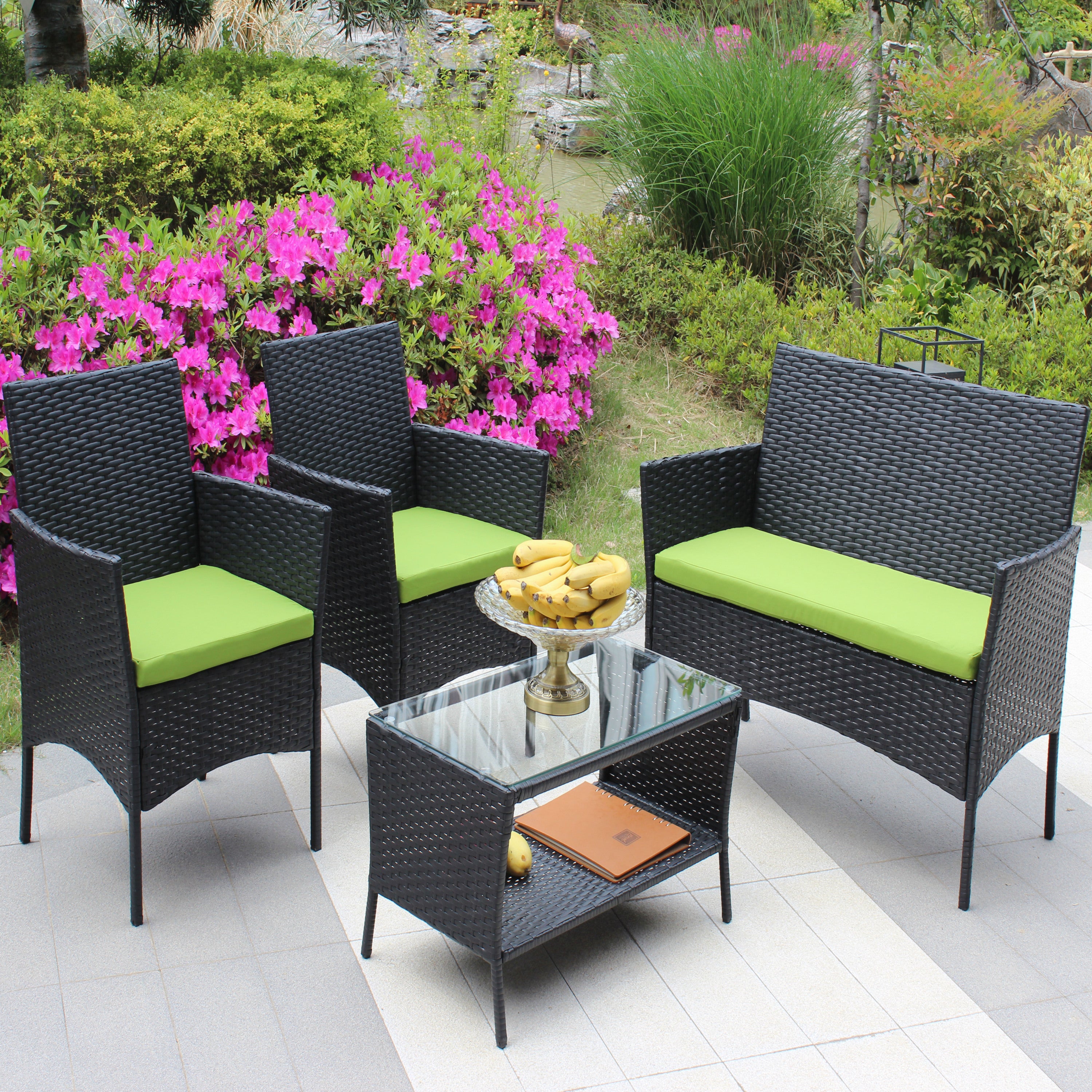 4 PC Rattan Patio Furniture Set Outdoor Patio Cushioned Seat Wicker Sofa (green Cushion)