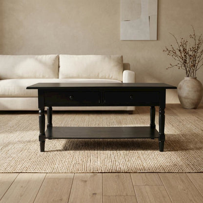 Black Pine Coffee Table with 2 Drawers and Aluminum Alloy Frame