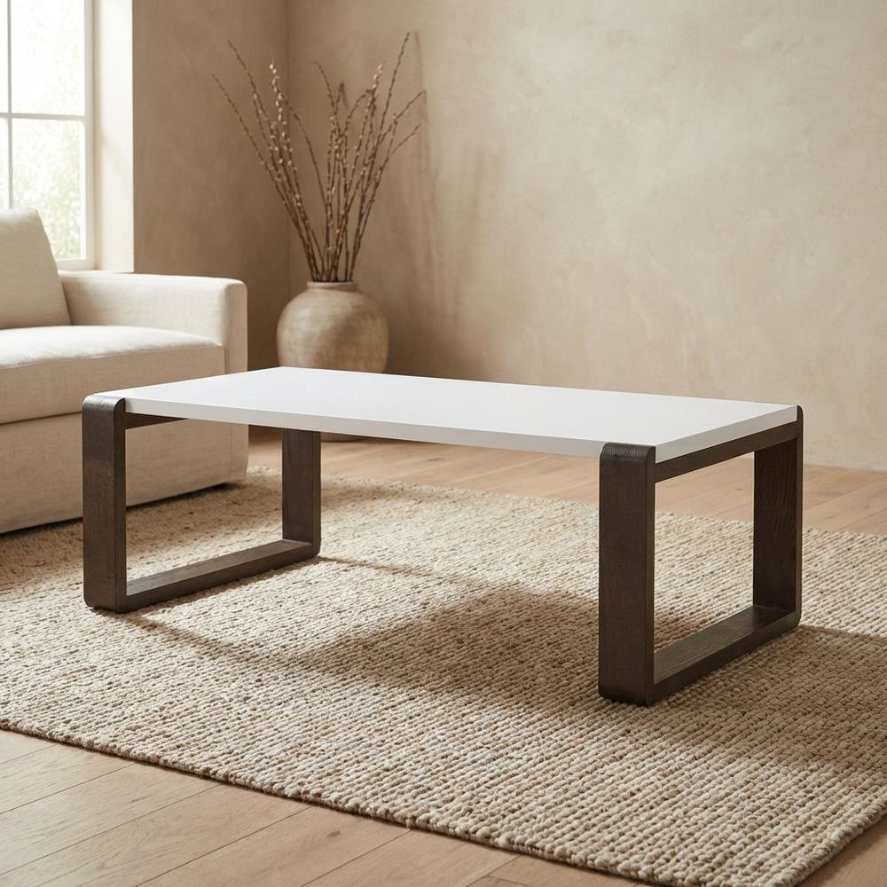 Mid-Century Modern White and Dark Brown Coffee Table with Wood Frame