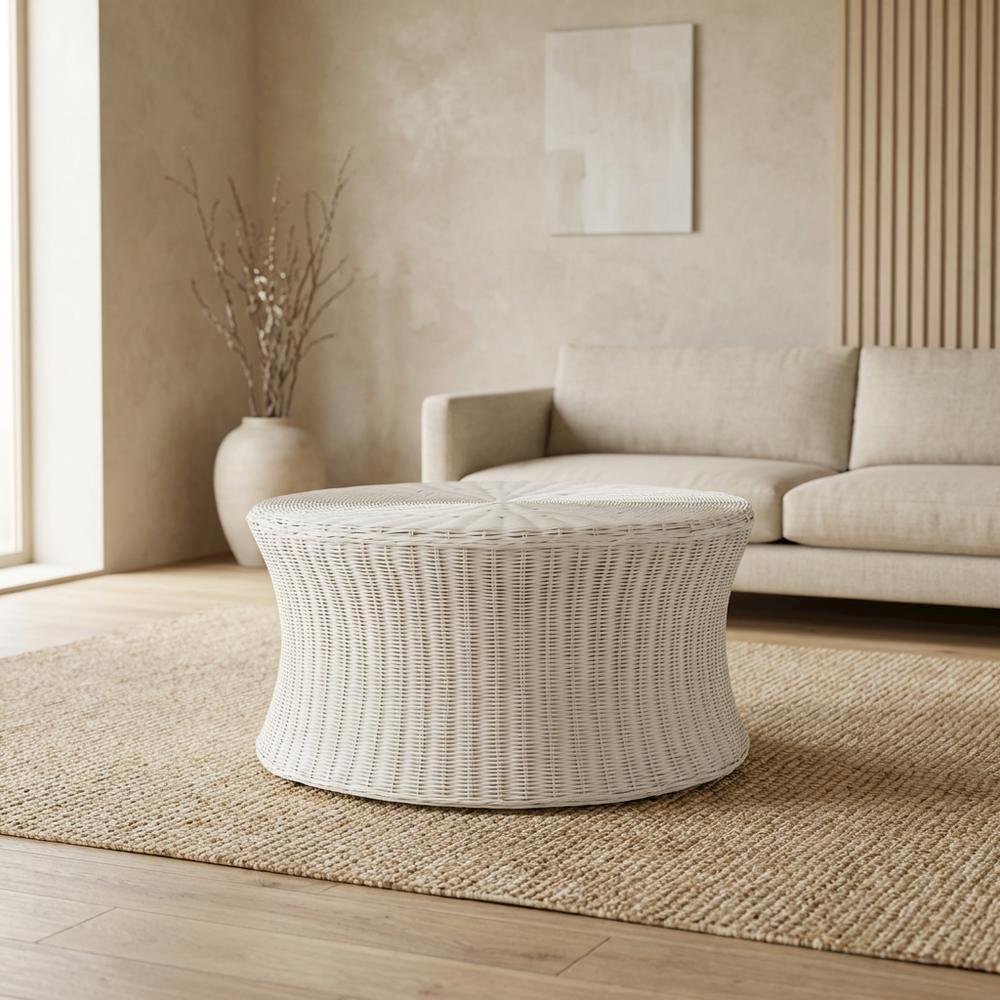 White Rattan Round Coffee Table Ottoman with Mango Wood and Lightweight Design