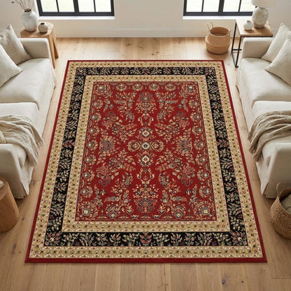 Red and Black Area Rug with Jute Backing and Power Loomed Construction