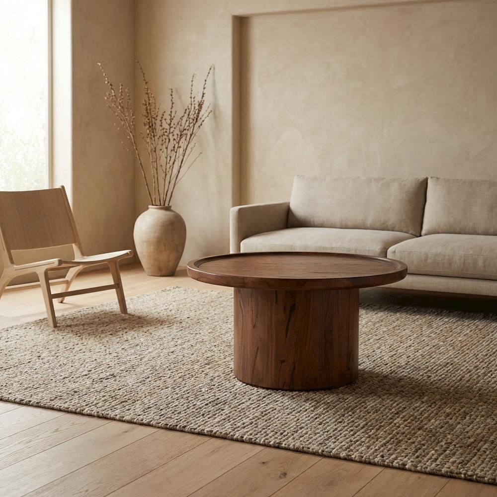 Dark Brown Round Pedestal Coffee Table with Wooden Frame and 40 lb Capacity