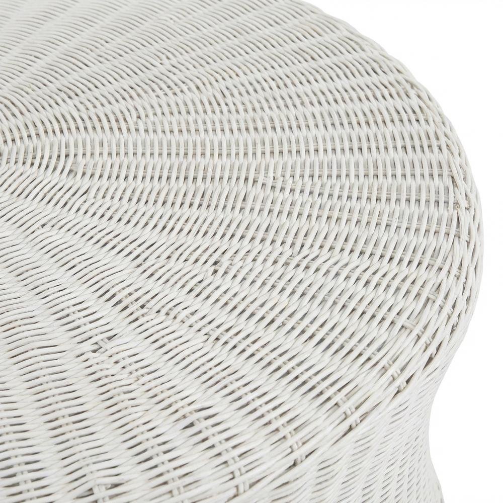 White Rattan Round Coffee Table Ottoman with Mango Wood and Lightweight Design